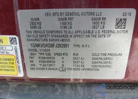 2015 Chevrolet Traverse 1Lt z USA, uszkodzony, nr VIN 1GNKVGKD8FJ292591